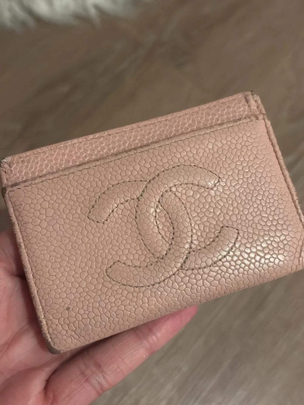 CHANEL Pink Caviar Leather Card Case with Embossed CC